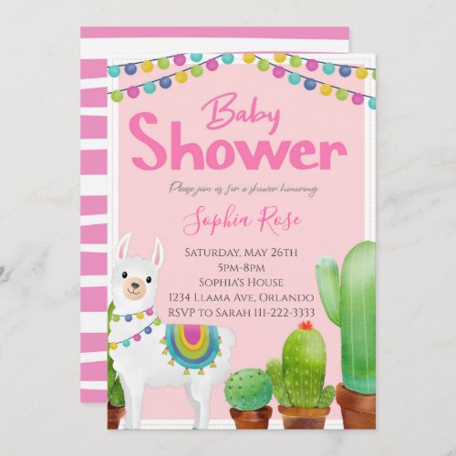 Pink Llama With Cactus Baby Shower Invitation