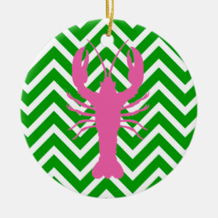 Pink Lobster and Green Chevron Monogram Ceramic Ornament