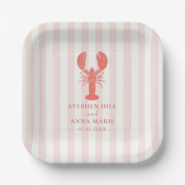 Pink Lobster Nautical Wedding Paper Plates (Front)