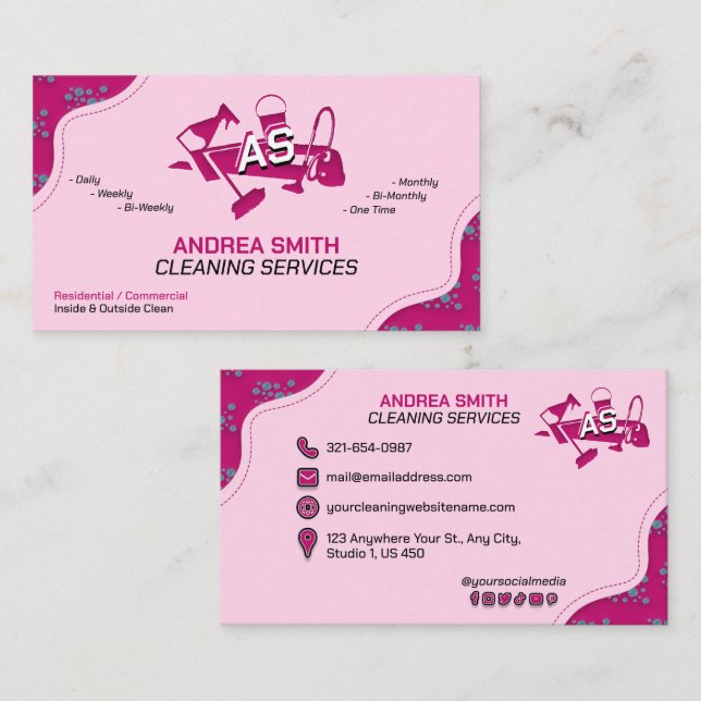 Pink Logo Cleaning Service Cute Girly Professional Business Card (Front/Back)