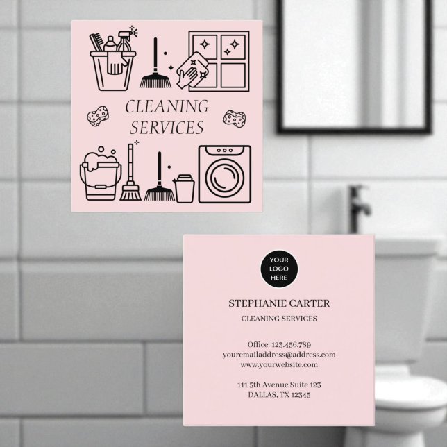 Pink Logo Cleaning Services Commercial Domestic  Square Business Card (Creator Uploaded)