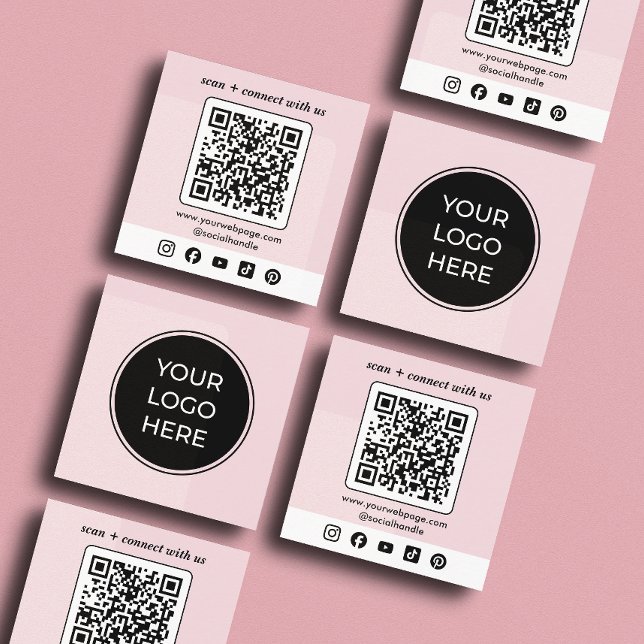 Pink Logo QR Code Custom Social Media Square Business Card (Front and back of 2.5 inch square business card. Choose a corner and paper style.)
