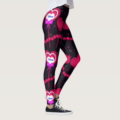 Pink Lollipop Hearts on Black  Leggings