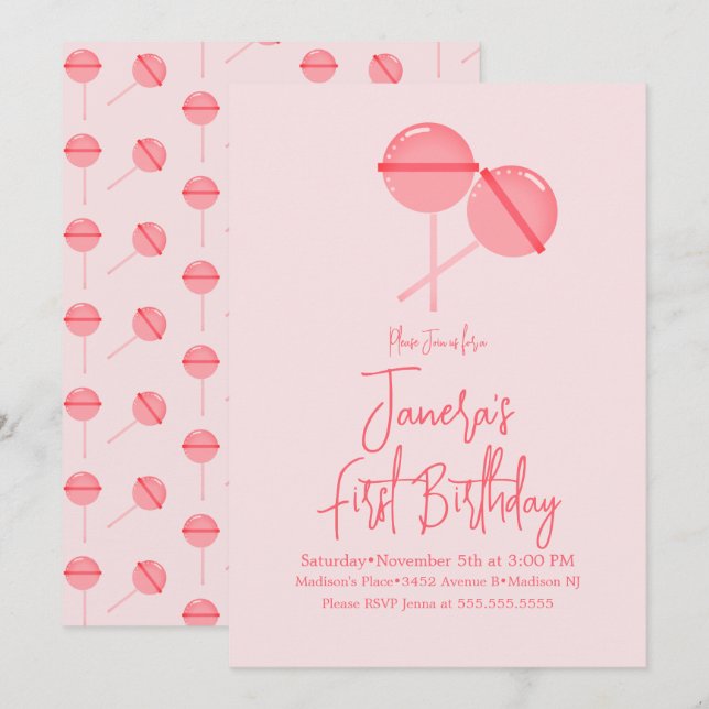Pink Lollipops Candy Bar First Birthday Invitation (Front/Back)