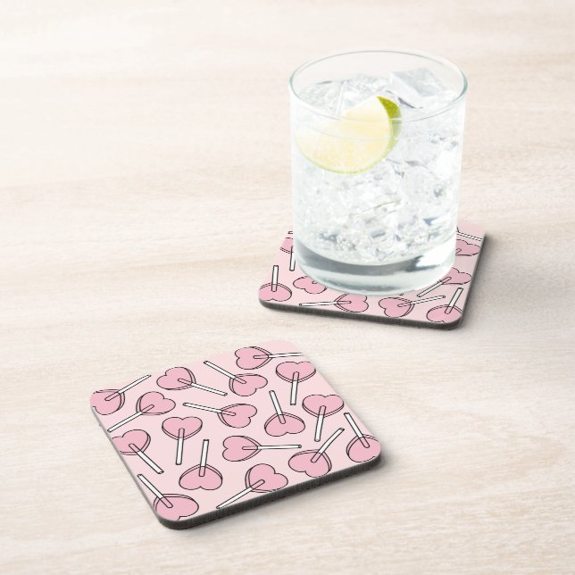 Pink Lollipops, Heart Lollipops, Lollipop Pattern Beverage Coaster (Right Side)