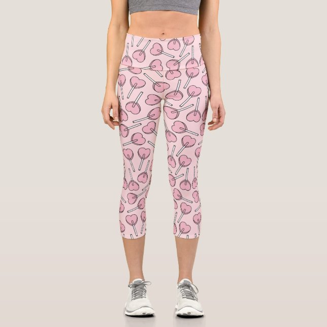Pink Lollipops, Heart Lollipops, Lollipop Pattern Capri Leggings (Front)