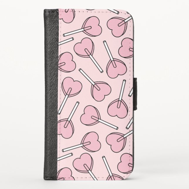 Pink Lollipops, Heart Lollipops, Lollipop Pattern iPhone Wallet Case (Front)