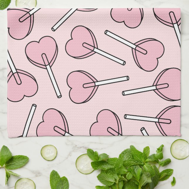 Pink Lollipops, Heart Lollipops, Lollipop Pattern Kitchen Towel (Folded)