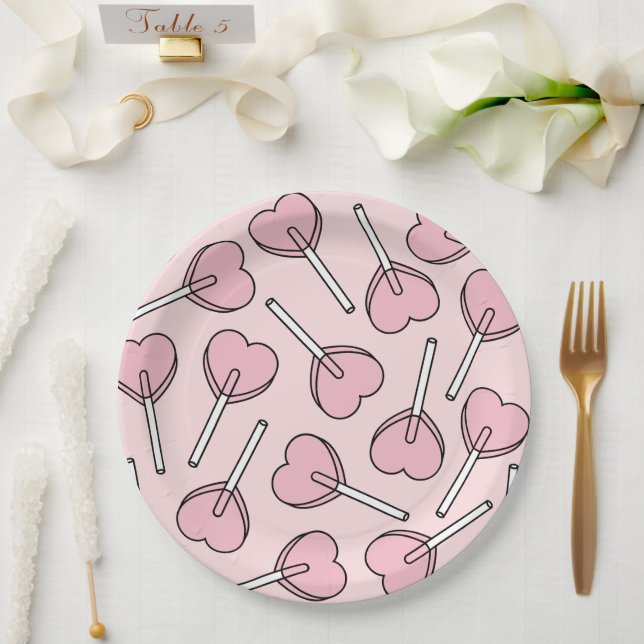 Pink Lollipops, Heart Lollipops, Lollipop Pattern Paper Plates (Wedding)