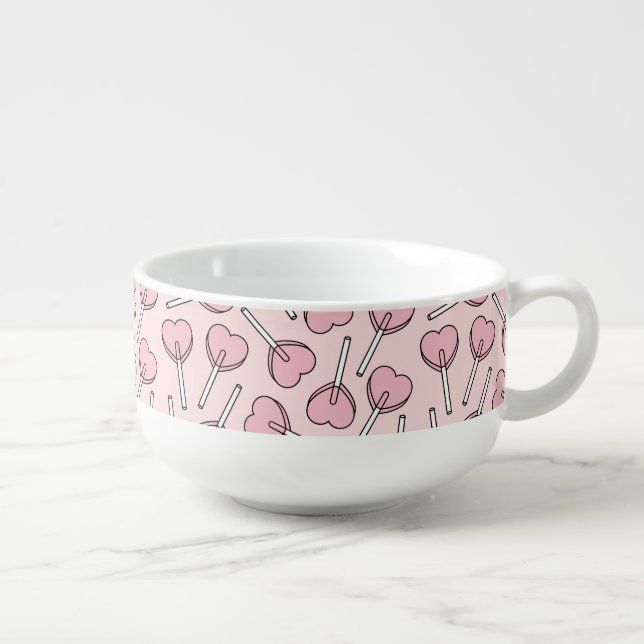 Pink Lollipops, Heart Lollipops, Lollipop Pattern Soup Mug (Left)