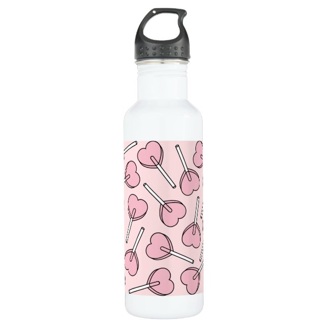 Pink Lollipops, Heart Lollipops, Lollipop Pattern Stainless Steel Water Bottle (Front)