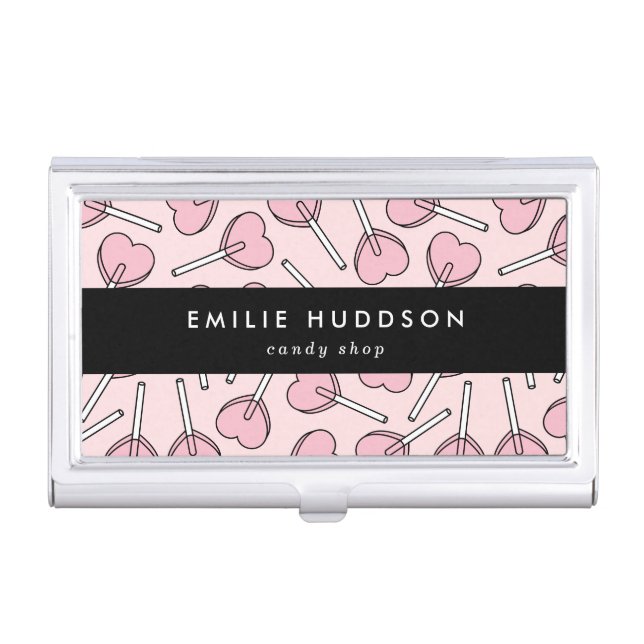 Pink Lollipops, Heart Lollipops, Lolly, Candy Shop Business Card Case (Front)