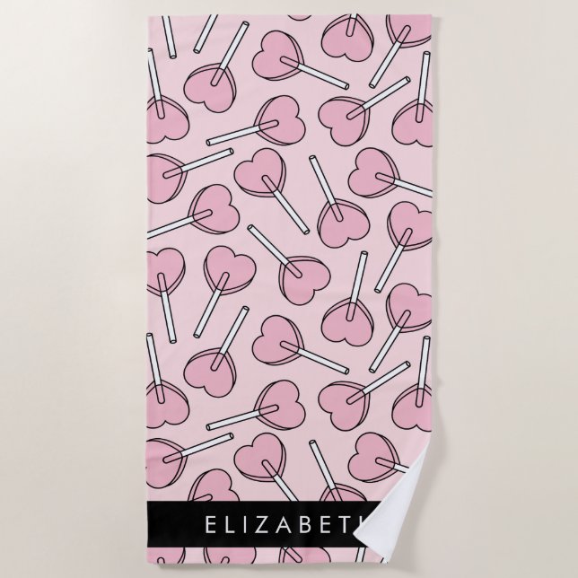 Pink Lollipops, Heart Lollipops, Lolly, Your Name Beach Towel (Front)