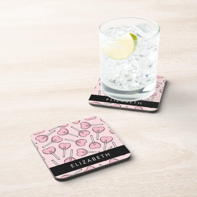 Pink Lollipops, Heart Lollipops, Lolly, Your Name Beverage Coaster (Right Side)