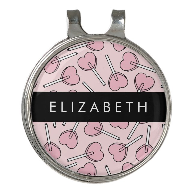 Pink Lollipops, Heart Lollipops, Lolly, Your Name Golf Hat Clip (Front)