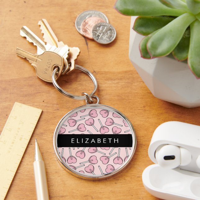 Pink Lollipops, Heart Lollipops, Lolly, Your Name Keychain (Desk)