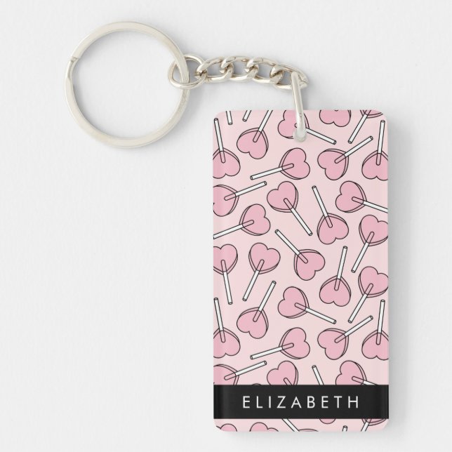 Pink Lollipops, Heart Lollipops, Lolly, Your Name Keychain (Front)