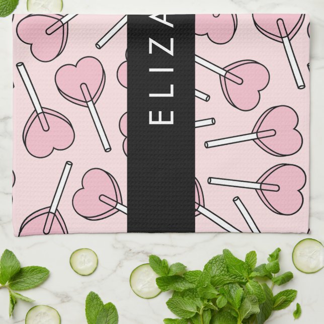 Pink Lollipops, Heart Lollipops, Lolly, Your Name Kitchen Towel (Folded)