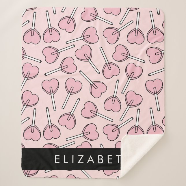 Pink Lollipops, Heart Lollipops, Lolly, Your Name Sherpa Blanket (Front)
