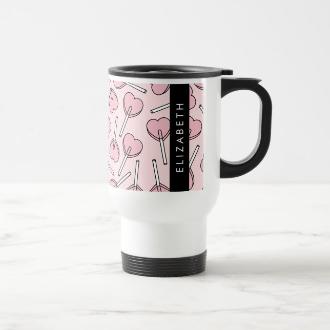 Pink Lollipops, Heart Lollipops, Lolly, Your Name Travel Mug (Right)
