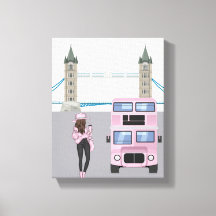 Pink London Bus with Tower Bridge Artwork