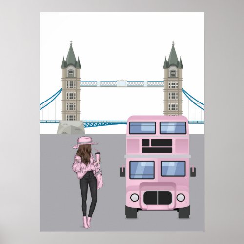 Pink London Bus with Tower Bridge Artwork Poster