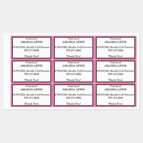 Pink Lost and Found Waterproof Kids Labels