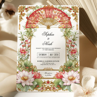 Pink Lotus and Red Fan Asian Tea Ceremony Wedding Invitation