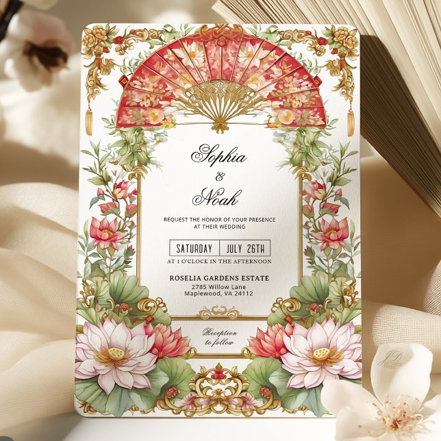 Pink Lotus and Red Fan Asian Tea Ceremony Wedding Invitation (Creator Uploaded)