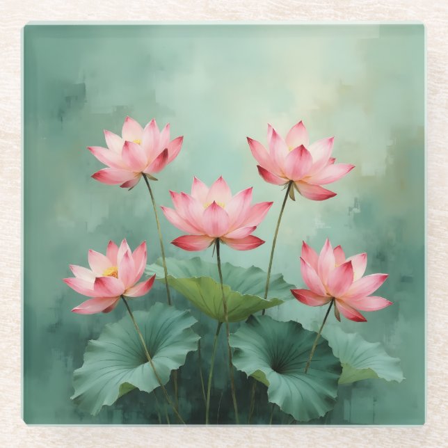 Pink Lotus Artwork  Glass Coaster (Front)