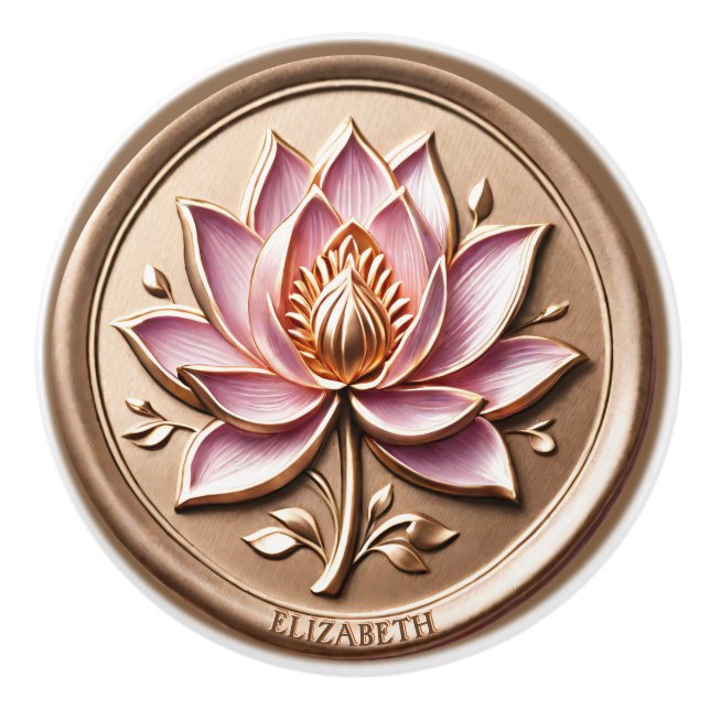 Pink Lotus Blossom Gold Wax Seal Effect Sticker Ceramic Knob (Front)