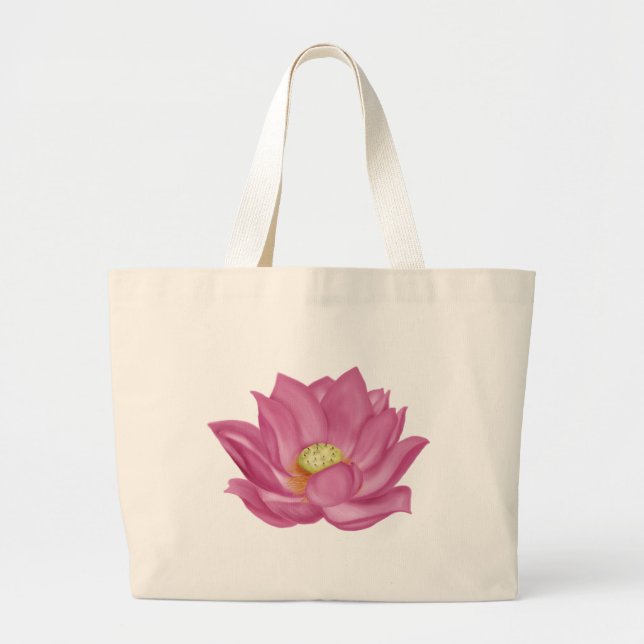 Pink Lotus Blossom Illustration Large Tote Bag (Front)
