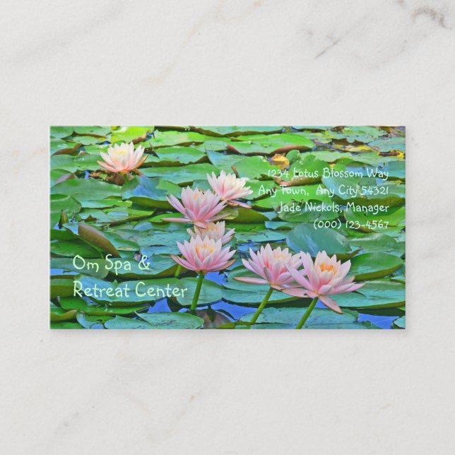 PINK LOTUS BLOSSOMS AMID GREEN LILY PADS BUSINESS CARD (Front)