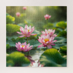 Pink Lotus Floating In a Pond Jigsaw Puzzle