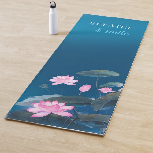 Pink Lotus Floral Mindfulness Quote Dark Blue  Yoga Mat