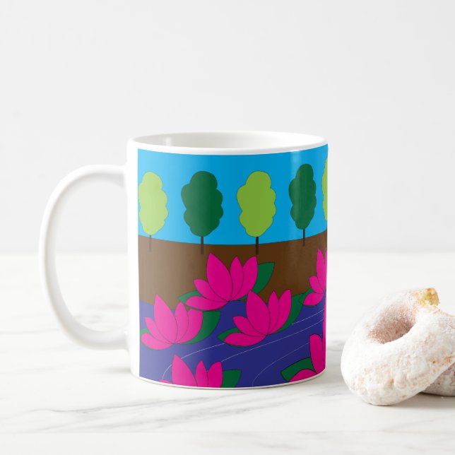 Pink Lotus Flower Garden Coffee Mug (With Donut)
