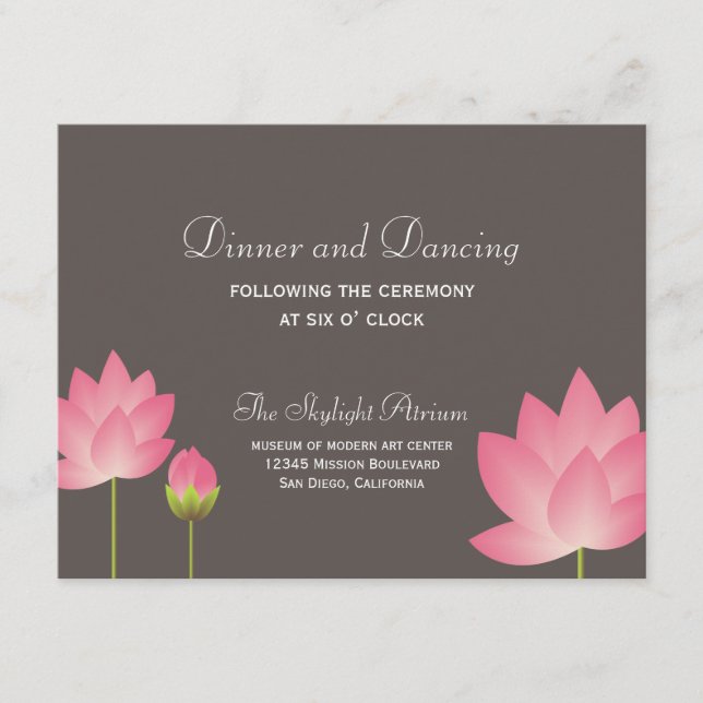 Pink lotus flower gray wedding reception enclosure card (Front)