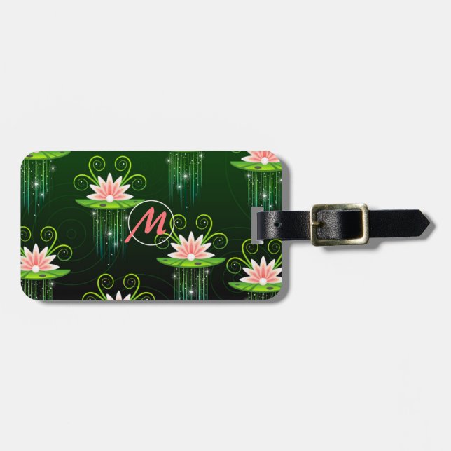 Pink Lotus Flower Green BG Personalize Luggage Tag (Front Horizontal)