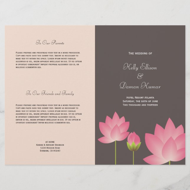 Pink lotus flower modern gray wedding program (Front)