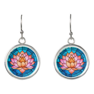 Pink Lotus Flower Mosaic Stained Glass Earrings
