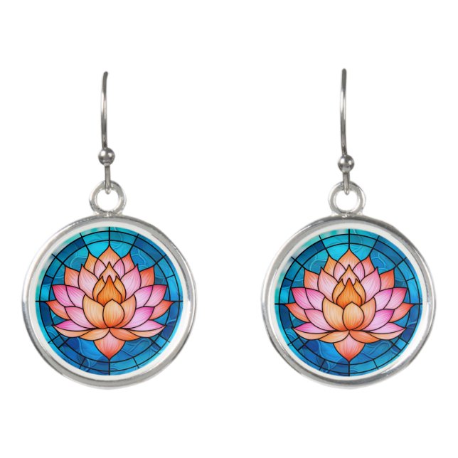 Pink Lotus Flower Mosaic Stained Glass Earrings (Front)