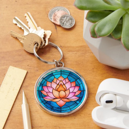 Pink Lotus Flower Mosaic Stained Glass Keychain