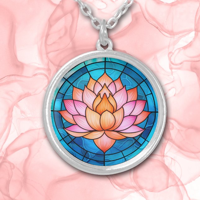 Pink Lotus Flower Mosaic Stained Glass Silver Plated Necklace (Creator Uploaded)