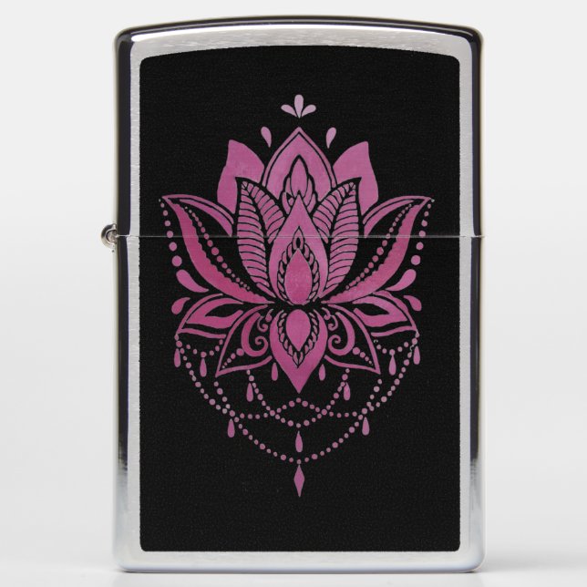 Pink lotus flower on black zippo lighter (Front)