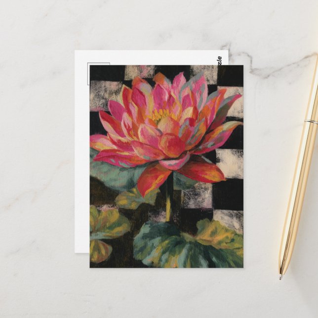 Pink Lotus Flower on Checkerboard Background Postcard (Front/Back In Situ)