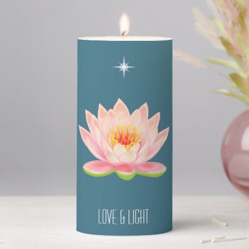 Pink Lotus Flower on Sapphire Green Pillar Candle