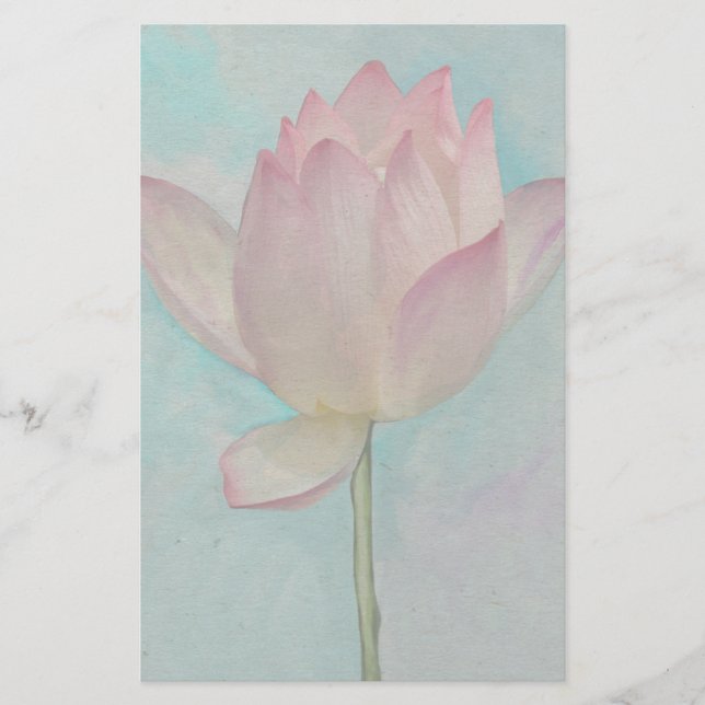 Pink Lotus Flower on Turquoise Blue Watercolor Art Stationery (Front)