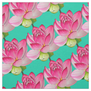 Pink lotus flower on turquoise watercolor fabric