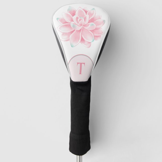 Pink Lotus Flower on White Monogrammed Golf Head Cover (Front)