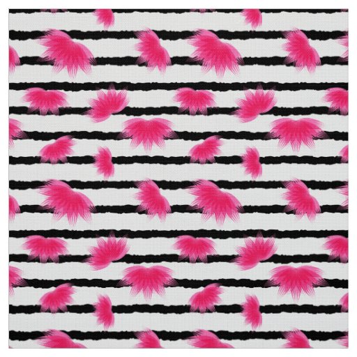 Pink Lotus Flower Pattern with Black Stripes Fabric